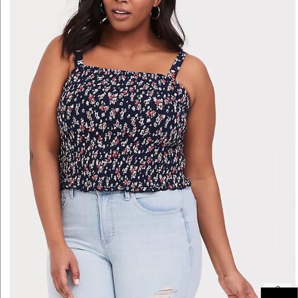 Torrid Navy Floral Challis Smocked Crop Cami - Picture 1 of 12